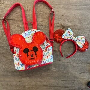 Loungefly Disney Popcorn Backpack and Ears Set - Red and Multicolor